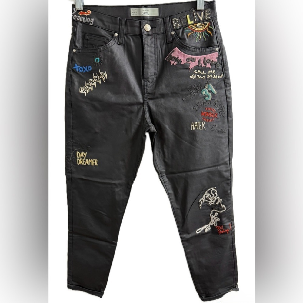 Topshop Moto Jamie Coated Faux Leather Skinny Jeans W28 L30 Embroidered Y2K - Picture 5 of 11